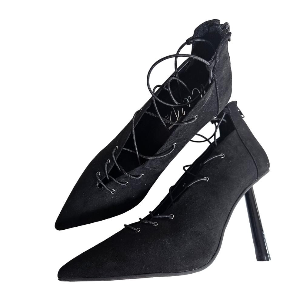 Wild Pair Dezmun Black Closed Pointed Toe Faux Suede Lace Up Heels Sz 11M